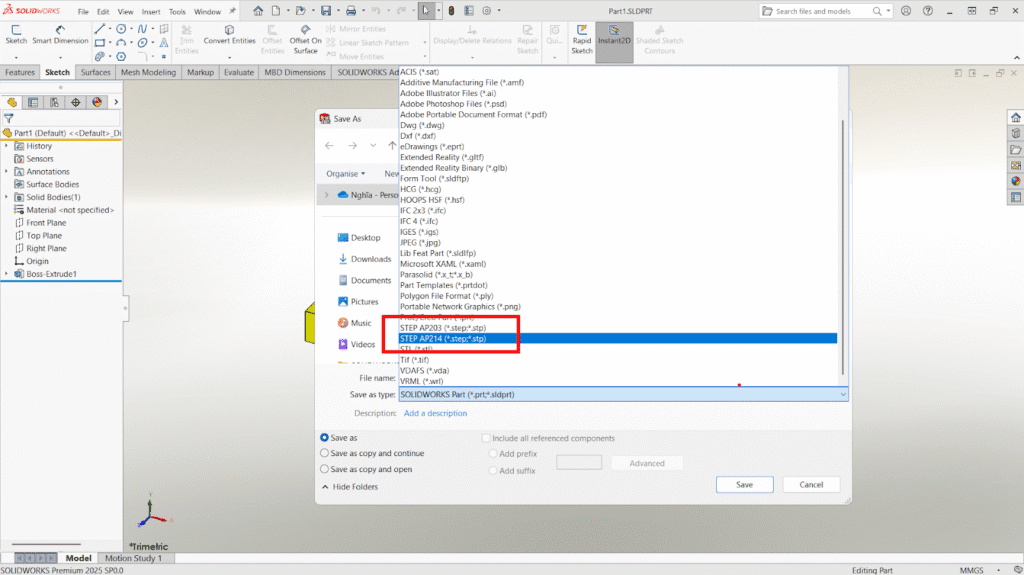 Xuất file SOLIDWORKS 2025 để sử dụng cho các phiên bản thấp hơn 2 Lưu các file dưới dạng tệp trung gian