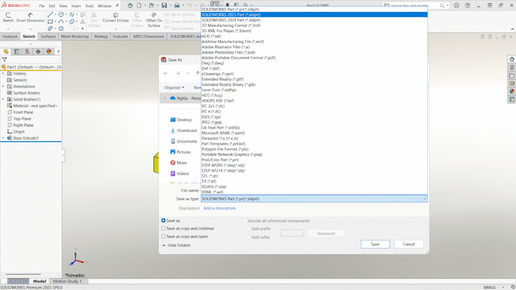 Xuất file SOLIDWORKS 2025 để sử dụng cho các phiên bản thấp hơn 1 Lưu file SOLIDWORKS thành phiên bản 2024 và 2023 để xuất file SOLIDWORKS 2025