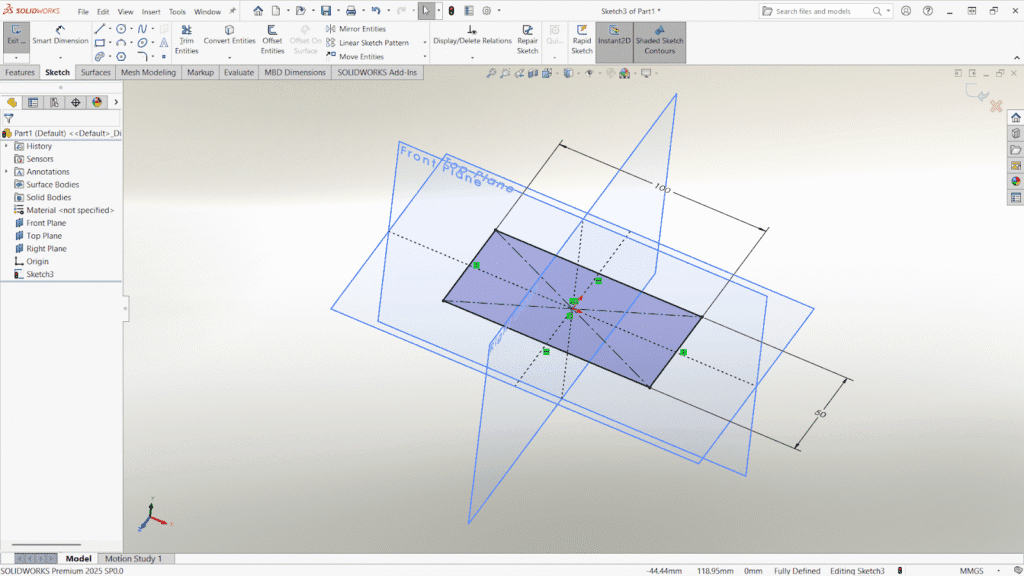 Căn chỉnh Sketch trong SOLIDWORKS với gốc tọa độ 1 Các mặt phẳng trực giao trong SOLIDWORKS và gốc tọa độ.
